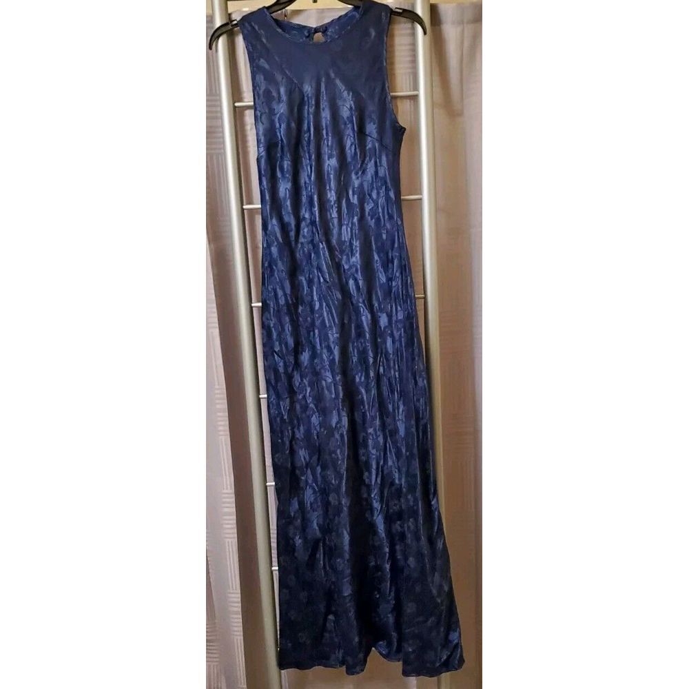 Steppin Out Women's‎ Navy Blue Vintage Y2K Floral Satin Slip Maxi Dress Gown